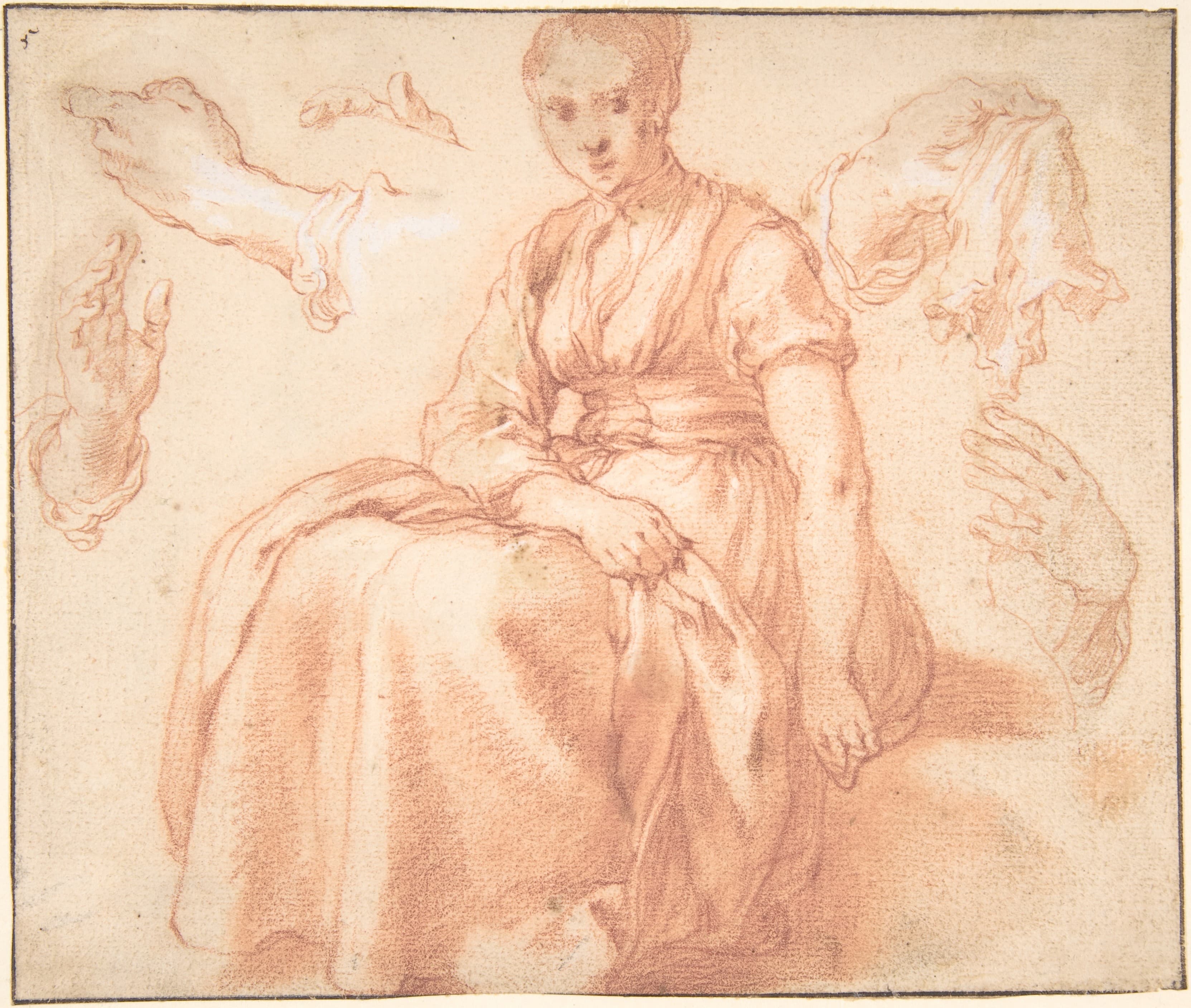 Study of a Seated Woman and Five Studies of Hands; Verso: Landscape with a Road and a Tree to the Right by Abraham Bloemaert